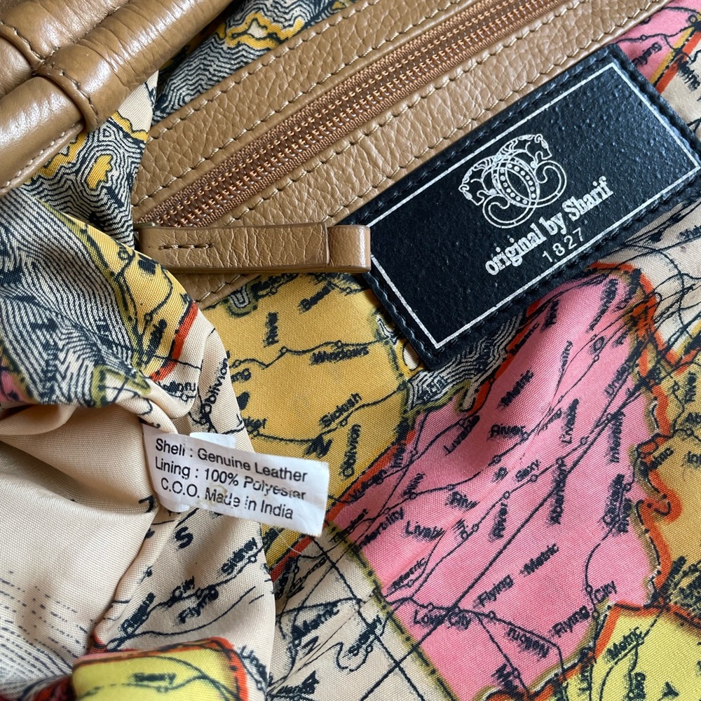 Original by Sharif 1827 Genuine Leather Shoulder Bag Tan Chain Details Map Lined - Picture 6 of 17